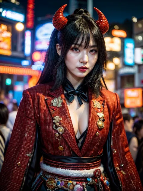 (masterpiece, cinematic photograph capturing the bustling streets of Shibuya, Japan, adorned with a procession of "oni" - traditional Japanese demons, parading through the night under the gaze of the intrigued crowd:1.3), (meticulously composed to convey t...