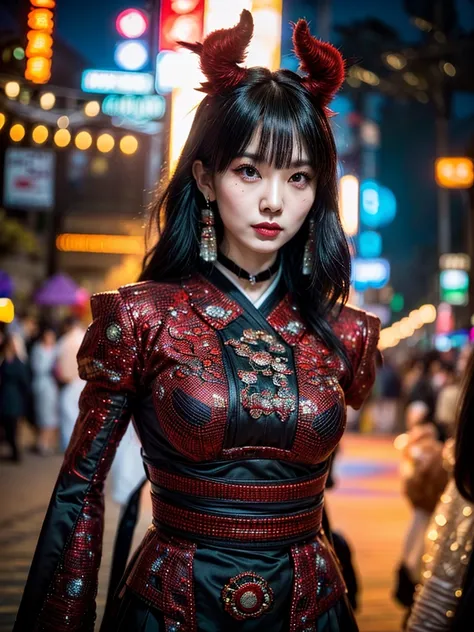 (masterpiece, cinematic photograph capturing the bustling streets of Shibuya, Japan, adorned with a procession of "oni" - traditional Japanese demons, parading through the night under the gaze of the intrigued crowd:1.3), (meticulously composed to convey t...