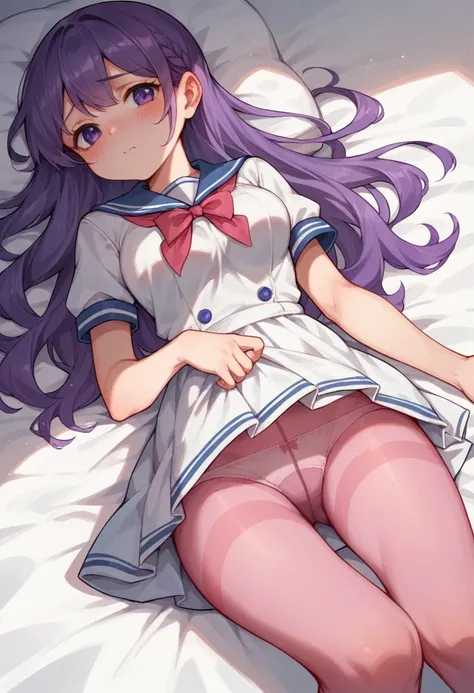 pink pantyhose,loli,sailor,dress,cute,lying,panties under pantyhose,purple hair,long hair,,shy,medium breasts