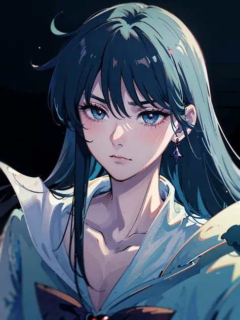 dark, masterpiece, Highest quality, 8K、Sailor Mars, (Unhealthy face:1.9, Dark Eyes:1.5, Dark circles under the eyes, Yandere:1.5, Unhappy face, Lifeless face), Long hair in the eyes, Long Bangs, Eyes through the bangs, Big eyes,　Turquoise Eyes, Bust Shot, ...