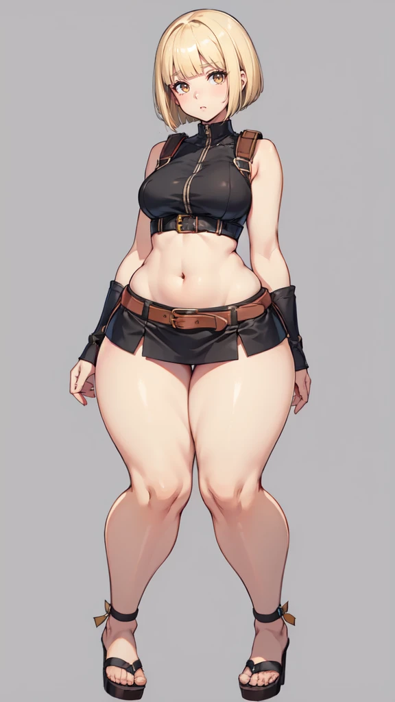 blank background, (((full body))), (masterpiece), ((best quality)), (very short girl), flat chest, blunt bangs, bobcut, (wide hips:1.4), (thick thighs:1.4), (very short skirt), sandals, belt below navel, fanny packs, blonde, (wide calves)