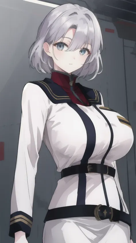 sallysaintford, huge_breasts, standing, solo, naval_uniform_white_jacket_white_pencil_skirt_miniskirt_belt_long_sleeves_turtlene...