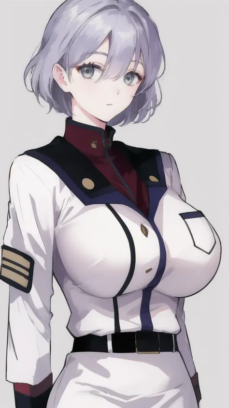 sallysaintford, huge_breasts, standing, solo, Naval_uniform_White_jacket_White_pencil_skirt_miniskirt_Belt_long_sleeves_turtleneck, masterpiece, best_quality, detailed_face, detailed_eyes, highres, beautiful, detailed,