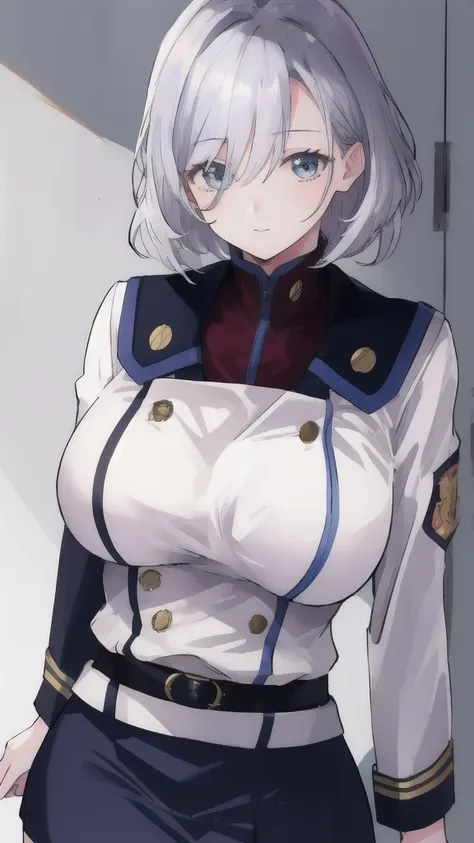 sallysaintford, huge_breasts, standing, solo, naval_uniform_white_jacket_white_pencil_skirt_miniskirt_belt_long_sleeves_turtlene...