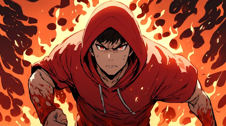 Guy with red hoodie running through fire, serious face expression, epic, red eyes