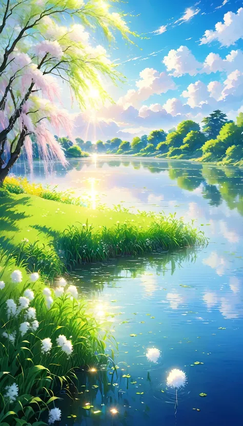 Peaceful lakeside，Green grass，light breeze，There was a ripple。Weeping willows on the shore，Like whispering。A small hill not far away，Lush，The scattered sunlight is like broken gold.。In the blue sky，A few white clouds floating leisurely，As soft as cotton ca...