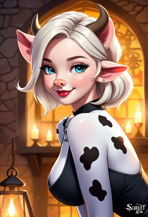 Create an illustrated, hand-drawn, full-color image of an humanoid, hybrid, anthropomorphic, sexy pig woman. The artwork should be rendered in the style of "Breath of the Wild," featuring warm lighting and shadows. Include graphite shading, stencil marks, ...