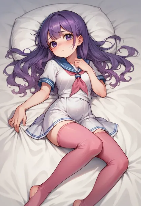 pink leggings,loli,sailor,dress,cute,lying,,purple hair,long hair,,shy,medium breasts