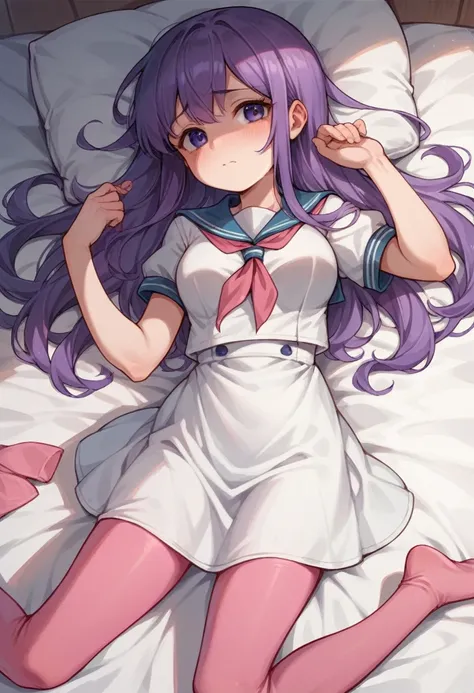 pink leggings,loli,sailor,dress,cute,lying,,purple hair,long hair,,shy,medium breasts