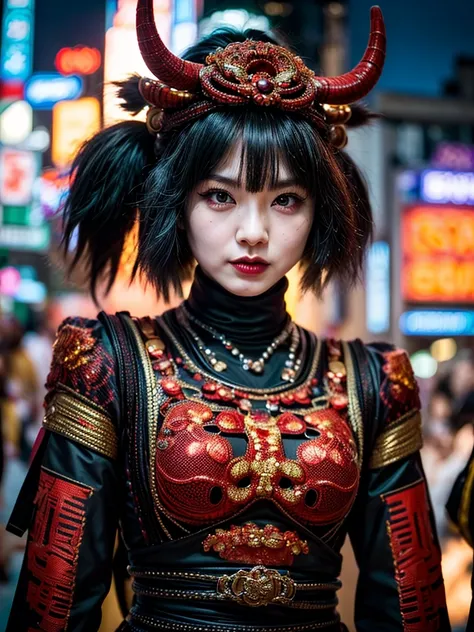 (masterpiece, cinematic photograph capturing the bustling streets of Shibuya, Japan, adorned with a procession of "oni" - traditional Japanese demons, parading through the night under the gaze of the intrigued crowd:1.3), (meticulously composed to convey t...