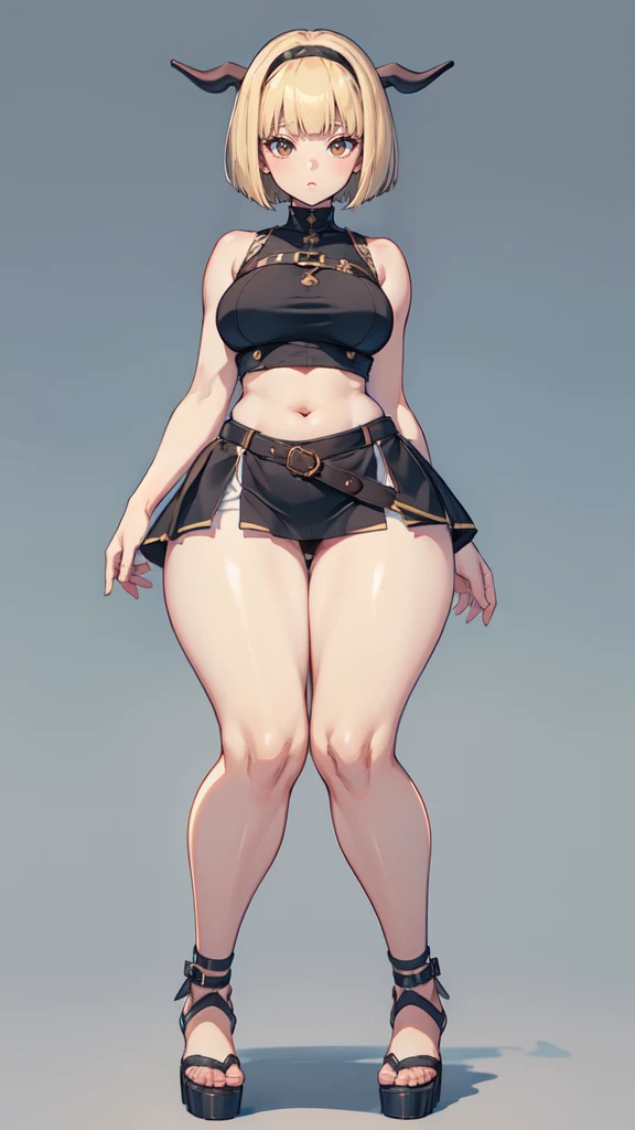 blank background, (((full body))), (masterpiece), ((best quality)), (very short girl), flat chest, blunt bangs, bobcut, (wide hips:1.4), (thick thighs:1.4), (very short skirt), sandals, belt below navel, fanny packs, blonde, (wide calves:1.5)