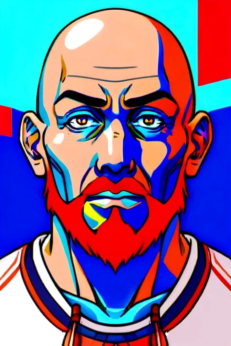 Create a realistic 8k high definition GTA6 effect image of a bald man with a red beard and a white tank top with light blue shorts, Predominant colors are light blue, white and black