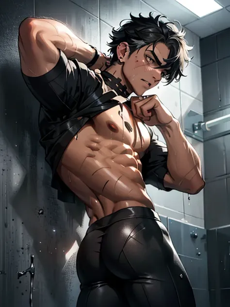 ((Fine details)), Best Shadow,Cinema Lighting,Highest quality,((Very detailed))　masterpiece　Embarrassing　black eye　Torn black shirt　get wet　Big eyes　The suit was torn　Upper body naked　sweating　Delicate body　Damaged　High saturation　Young people　Ryona　Hurt　t...