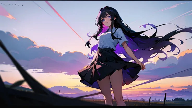 1girl, long black hair with purple gradations at the ends of her hair, blue eyes, wearing a plain white shirt, short skirt, country road, absurdres, high resolution, ultrasharp, 8K, masterpiece, view looking at the sky