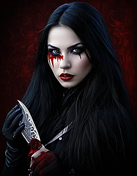 a woman with blood on her face, holding a knife in her hand, vampire girl, dark fantasy horror art, fantasy horror art, horror f...