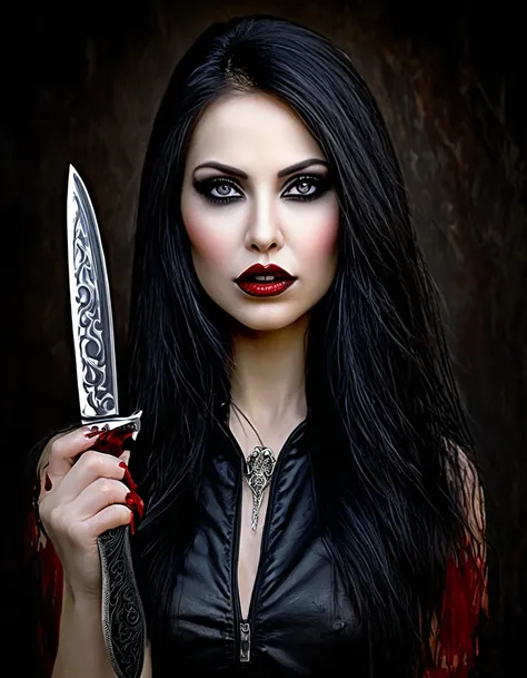 a woman with blood on her face, holding a knife in her hand, vampire girl, dark fantasy horror art, fantasy horror art, horror f...