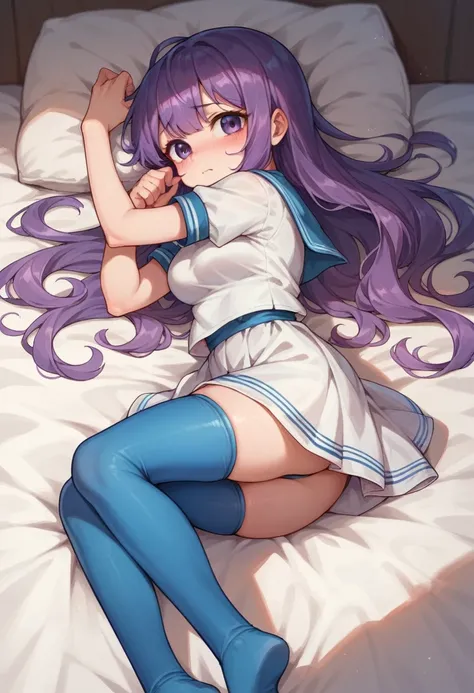 blue leggings,loli,sailor,dress,cute,lying,,purple hair,long hair,,shy,medium breasts