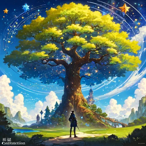 A painting，A man standing in front of a tree，Sky in the background, Digital art inspired by Johfra Bosschart, tumblr, Fantasy Art, 航天者universe, Fantasy painting, 上升universe, universe启蒙, esoteric equation heaven, Fantasy Art style, Fantasy Art, universe, In...