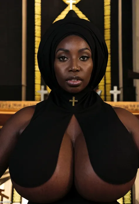 ((black African woman:1.4)) ((in a church:1.4)), large breasts size, large breasts, with large breasts, uncovered nsfw huge breasts, nsfw huge breasts, big breasts, big breasts!, she is wearing a transparent tank top, extremely plump, with a large breasts,...