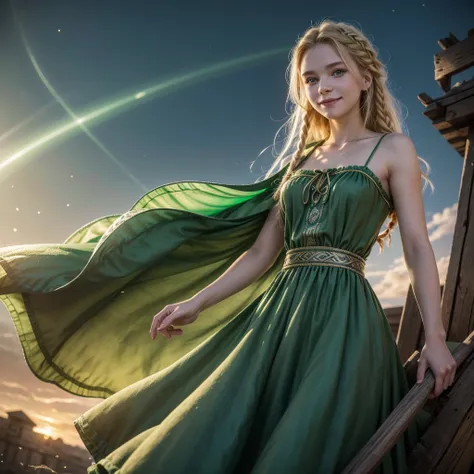 best quality, artwork, Trunk,
(Adult: 1,6) Ukrainian, (smug smile: 0,4), 
BRAIDED BLONDE HAIR,
emerald green eyes,
medieval summer dress,
 floating light particles, cent