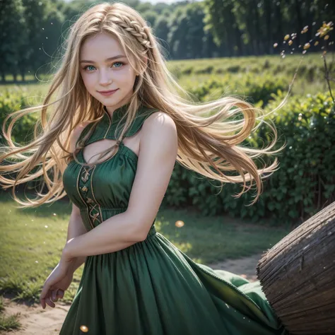 best quality, artwork, Trunk,
(Adult: 1,6) Ukrainian, (smug smile: 0,4), 
BRAIDED BLONDE HAIR,
emerald green eyes,
medieval summer dress,
 floating light particles, cent