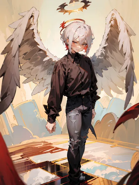 1male, adult, two tone hair, crimson and white hair, short hair, undercut hair, red angel halo, black angel wings, golden eyes, ...