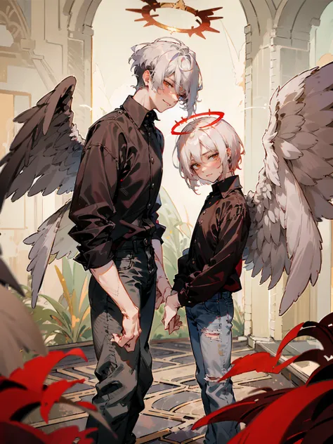 1male, Adult, Two Tone Hair, Crimson and White Hair, Short Hair, Undercut Hair, Red Angel Halo, Black Angel Wings, Golden Eyes, Smirk, Black Flannel Shirt, Black Ripped Jeans, Standing On Path