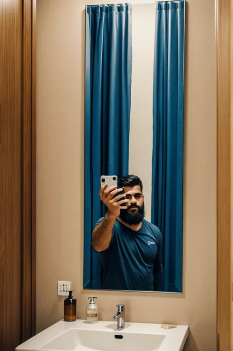 man,latino,with beard,taking a photo in the bathroom towards the mirror 