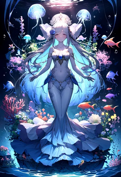 oil，Ocean，carefully，magic，Mysterious，(Ocean藻に抱かれた古代都市遺跡)，Aquatic plants beautiful coral reef，Colorful fish swimming，Clear visibility，Ethereal atmosphere，Marble mermaid statue、Whispering Shell、Luminous jellyfish、Ancient symbols and words、惊人的美丽和古老的magic，Unco...