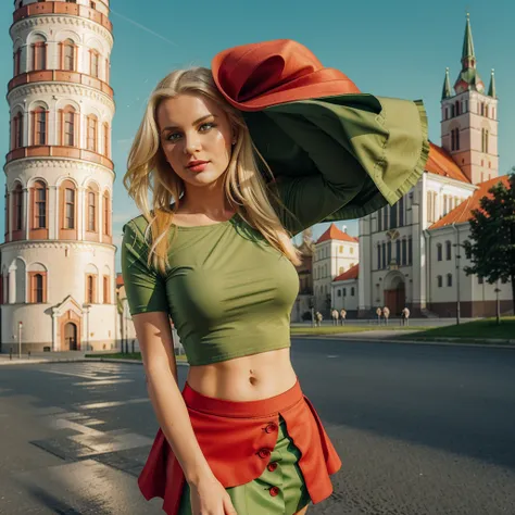 Lituania, pretty women blonde, ((In Vilnius City)), (((the Vilnius cathedrale tower))), (((wear a green top)), (((wear a red skirt)))