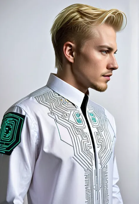 Matrix cyberpunk shirt blond man futuristic embroidery on a mens shirt, cyberpunk cyberpunk patterns are embroidered near the neck, sleeves without patterns, only a computer circuit is embroidered near the neck i