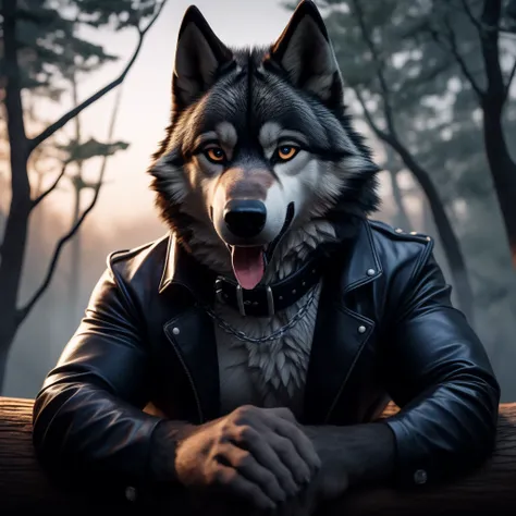 Sexy Posing, lying on log, Male, 30 years old, cute, eye liner, bedroom eye, mouth open with tongue hanging out, black leather jacket, anthro, wolf ears, (black fur:1.5), wolf, forest background, 8k, hi res, (best quality, masterpiece), (wolf tail:1.5), de...