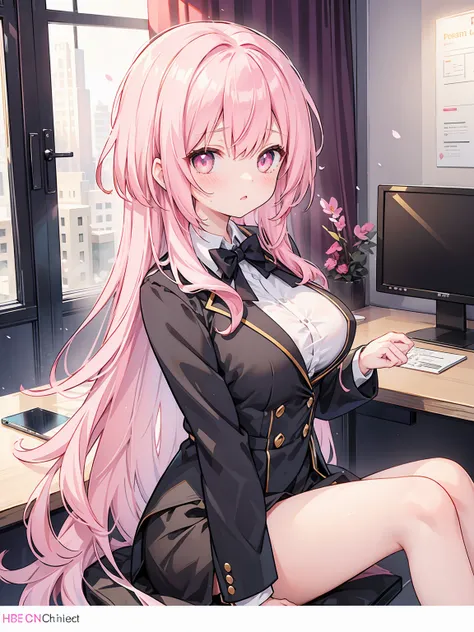 1girl, long hair, wavy hair, big breasts, tuxedo, beautiful eyes, pink hair, golden eyes, short hair, office.