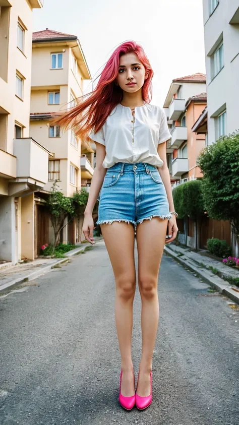 (bright face:1.3), (bright body:1.3), color close-up photography of (turkish girl:1.3), 30 years old, (standing spreading legs apart:1.3), (legs gap:1.1), in a housing estate, wearing elegant, flat lighting, (soft saturation:1.2), analog style,