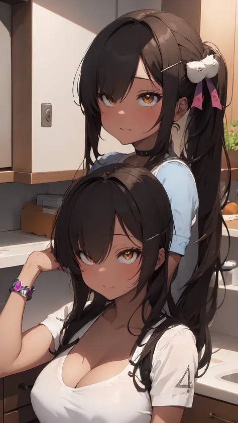 1girl, solo, hair ornament, (naked:1.3), (white apron), large breasts, cleavage, thighs, kitchen background, (blushing:1.3), naga, brown hair, ponytail, golden eyes, dark skin, gal, naga, lewd, sexy pose, attractive woman, ahegao, sexy