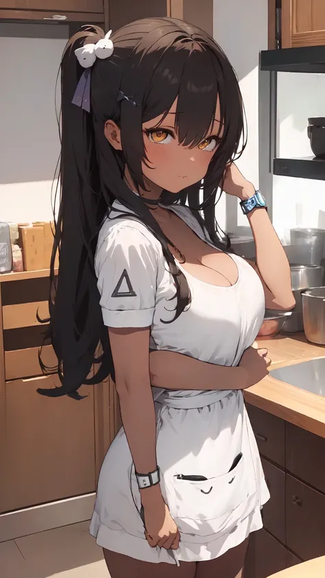 1girl, solo, hair ornament, (naked:1.3), (white apron), large breasts, cleavage, thighs, kitchen background, (blushing:1.3), naga, brown hair, ponytail, golden eyes, dark skin, gal, naga, lewd, sexy pose, attractive woman, ahegao, sexy