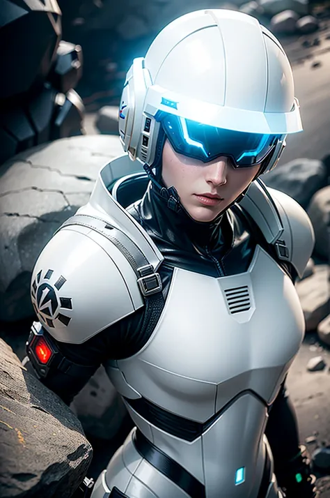 Realistic white combat android in advanced cyber suit with cyberpunk technological helmet and visor with metal rabbit ears (((just the helmet on a rock)))