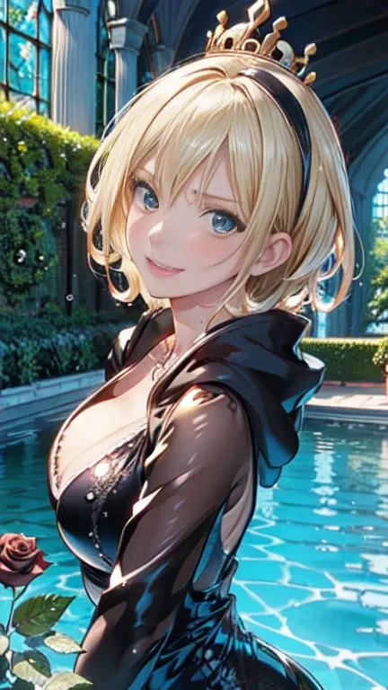 the same,
Depicts only one woman,

Golden Hair,Wet hair texture,water droplets dripping from hair,
(Short Hair.05),Ashime,straight,

((Black Rose))Hair Accessories,Purple Necklace,

Natural skin texture,Big boobs,Narrow waist,Bring both arms together,
Slig...