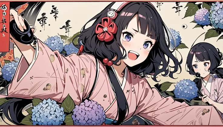 Highest quality, Katsushika Hokusai, Ink Painting, (((very straight longhair))), (((hydrangea))), (((Pale pink yukata))), headphone, beautiful girl, Black Hair, Delicate and precise, Modern ukiyo-e style, Laughs and Tears