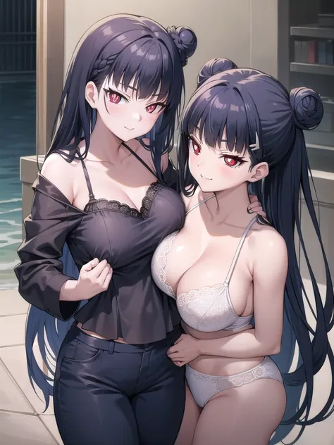 Rivertsukatsuki, River, Navy blue hair color (red eyes:1.5), Bun Hair、Extremely large breasts(4700)、 Lace Lingerie、Twins hugging、smile