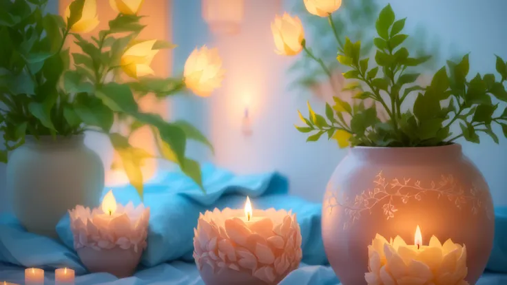 A vase with a plant in it and a lit candle, Peaceful atmosphere, Cozy candlelight, Soft glow, Relaxed atmosphere, Floating Candles, Candles in the foreground, Natural candle lighting, Glowing Candles, relaxed mood, Cozy and quiet atmosphere, Beautiful atmo...