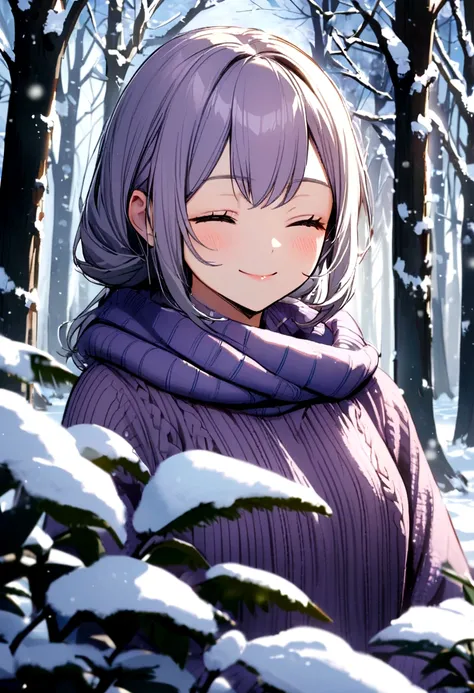 winter, snowy forest, calm weather, 1girl, striped blue-purple sweater, eyes closed, smiling 