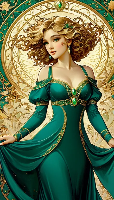 A beautiful woman in an Art Nouveau-inspired gown with flowing, organic lines and floral motifs. The gown transitions from deep emerald to golden hues, adorned with intricate gold embroidery. Her hair is styled in soft, romantic curls, and she wears vintag...