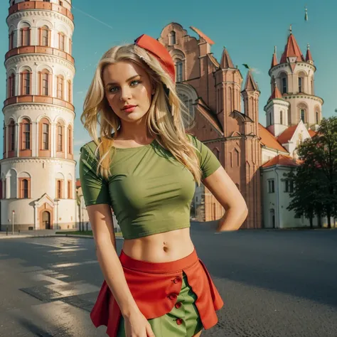 Lituania, pretty women blonde standing up, ((In Vilnius City)), (((the Vilnius cathedrale tower))), (((wear a green top)), (((wear a red skirt))), ((hills of Vilnius behind))