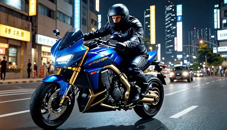 score_9, score_8_up, score_7_up, source_photo, photography, photorealistic, detailed, rating safe, front view, very wide shot, a Motorcycle runs in night city, a rider is middle aged man wearing ridersuit, masterpiece, best quality, 8k,