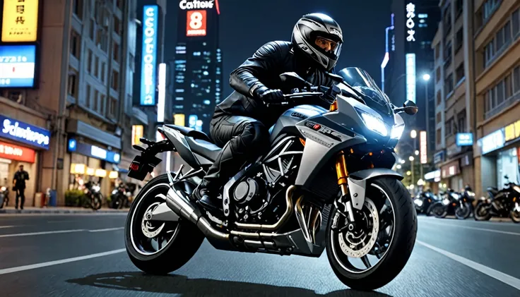 score_9, score_8_up, score_7_up, source_photo, photography, photorealistic, detailed, rating safe, front view, very wide shot, a Motorcycle runs in night city, a rider is middle aged man wearing ridersuit, masterpiece, best quality, 8k,