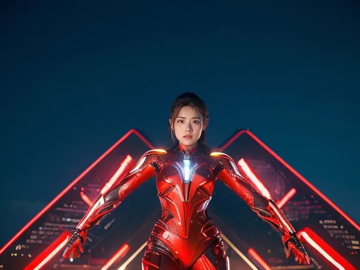 (raw photos, highest quality), (realistic, photorealistic:1.3), 1 girl、realisticbody、red and gold battle suit、pyramid-shaped ufo...