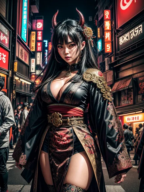 (masterpiece, cinematic photograph capturing the bustling streets of Shibuya, Japan, adorned with a procession of "oni" - traditional Japanese demons, parading through the night under the gaze of the intrigued crowd:1.3), (meticulously composed to convey t...