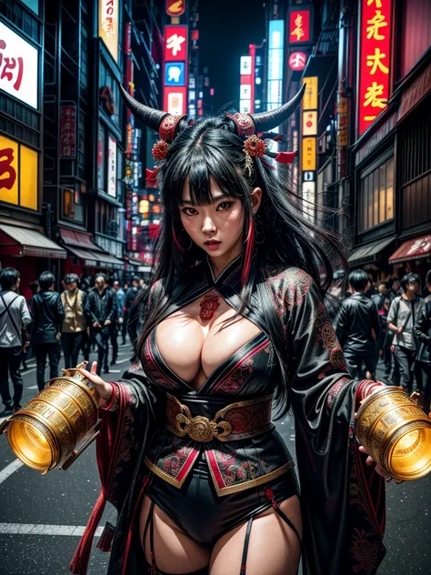 (masterpiece, cinematic photograph capturing the bustling streets of Shibuya, Japan, adorned with a procession of "oni" - traditional Japanese demons, parading through the night under the gaze of the intrigued crowd:1.3), (meticulously composed to convey t...