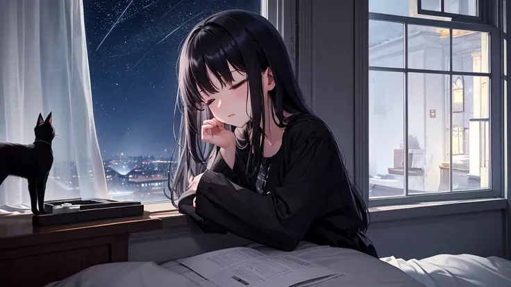 night、for sleeping、Highest quality、Inside the room、Sleeping girl、ephemeral、There is always a black cat somewhere in the room looking outside、Lofi Music、Fantasy、to become sad、relax、Healing、The room is dark、Outside view from the window、The background is a la...